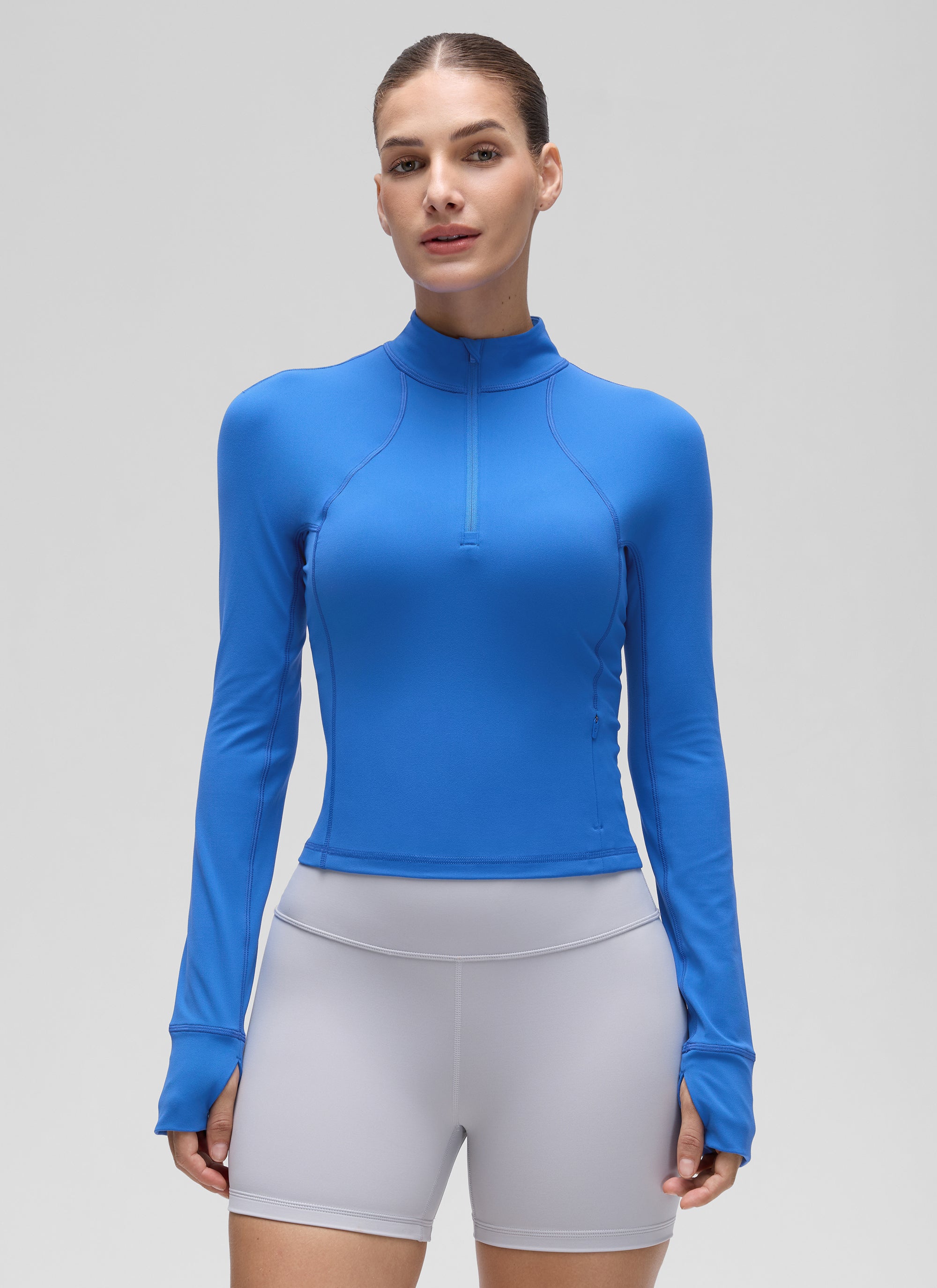 CRZ YOGA Pambabaeng Yoga Slim Fit Tops Butterluxe Half-Zip Long Sleeve na may Kislap na Asul