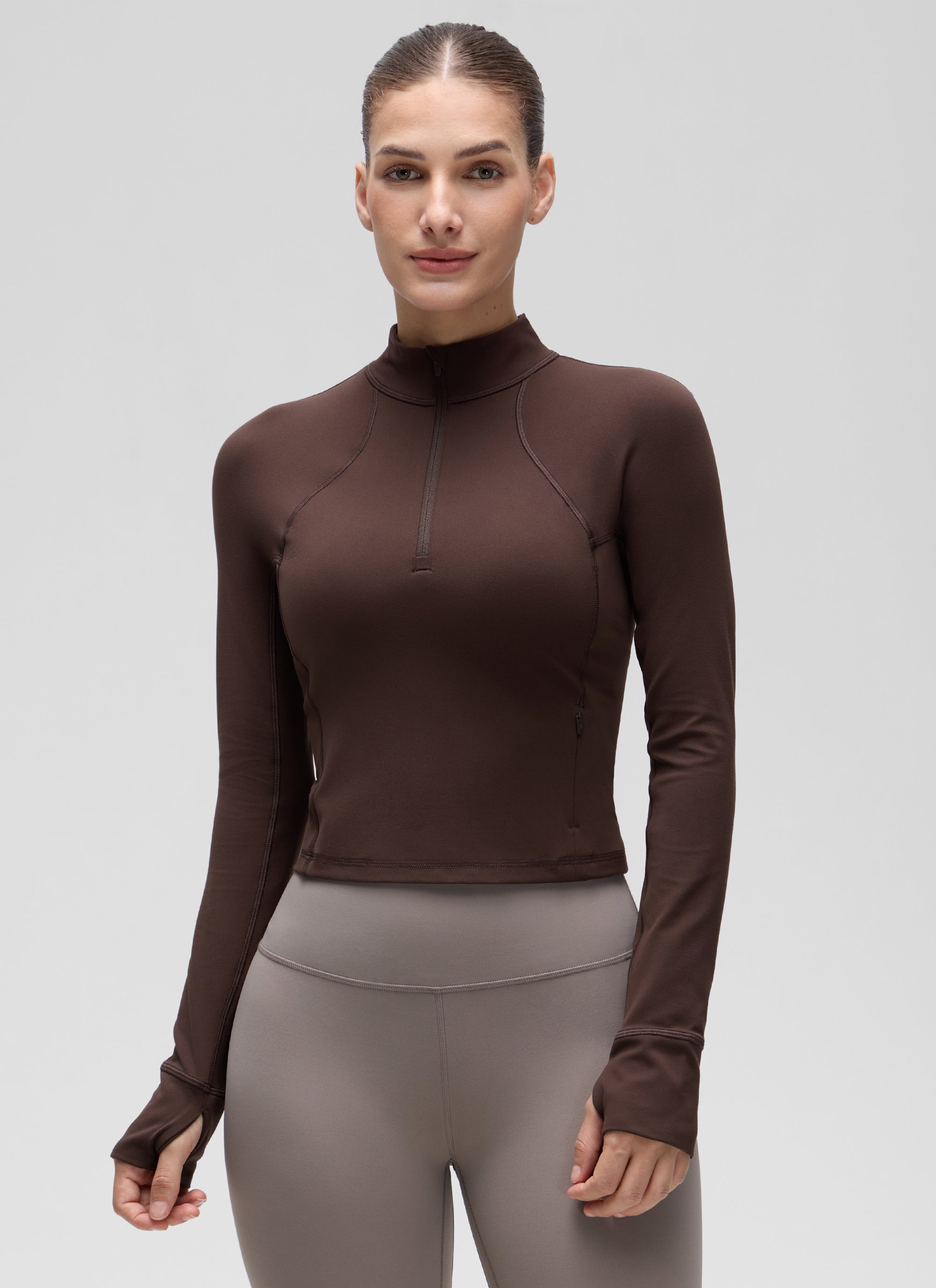 CRZ YOGA Pambabaeng Yoga Slim Fit Tops Butterluxe Half-Zip Long Sleeve Hot Fudge Brown