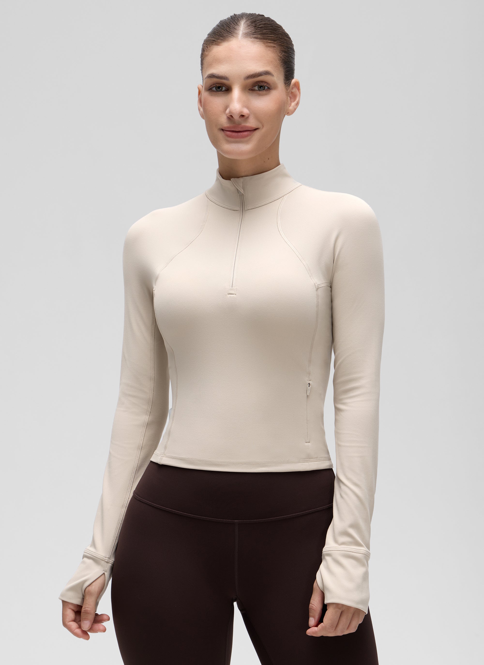 CRZ YOGA Pambabaeng Yoga Slim Fit Tops Butterluxe Kalahating-Zip na Mahabang Manggas na Mojave Tan