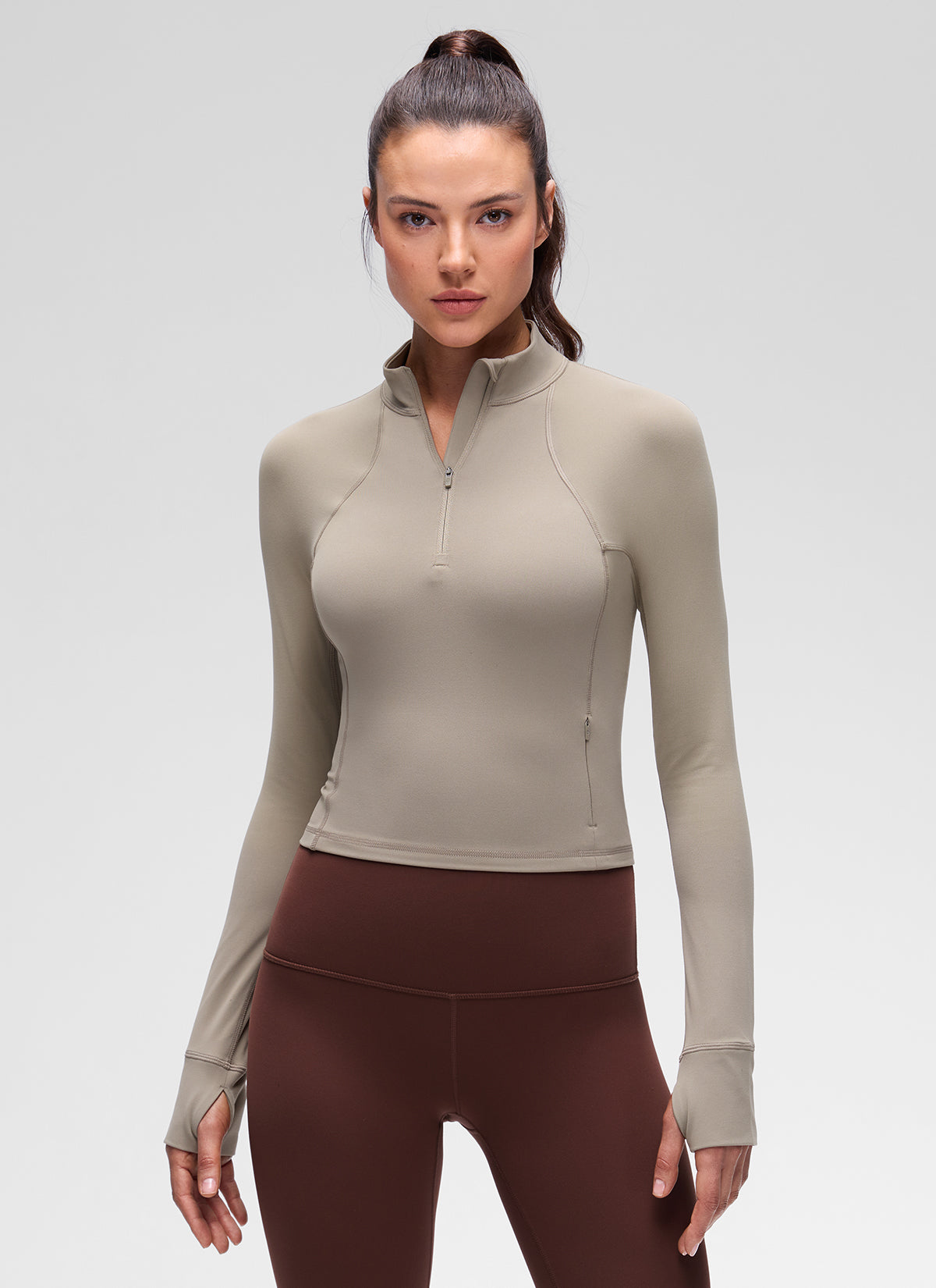 CRZ YOGA Pambabaeng Yoga Slim Fit Tops Butterluxe Half-Zip Long Sleeve Warm Ash Grey