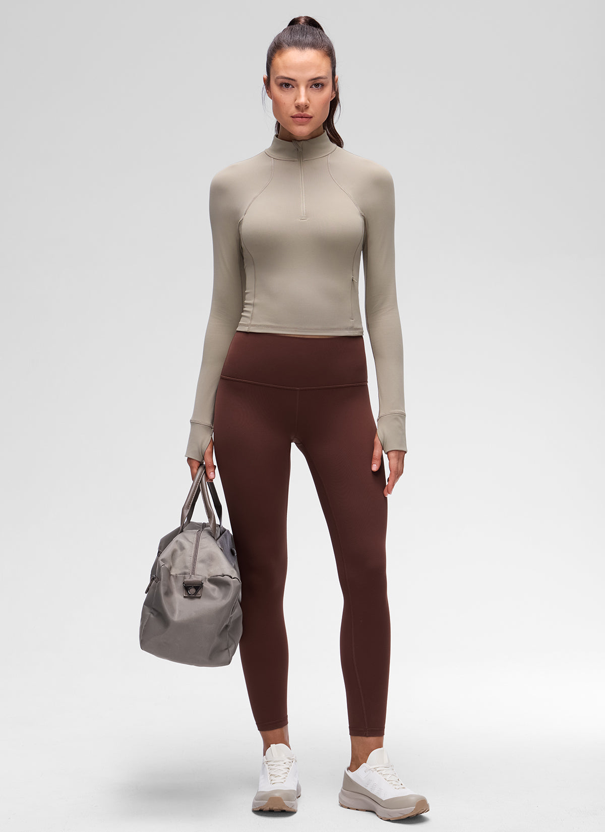 CRZ YOGA Pambabaeng Yoga Slim Fit Tops Butterluxe Half-Zip Long Sleeve Warm Ash Grey