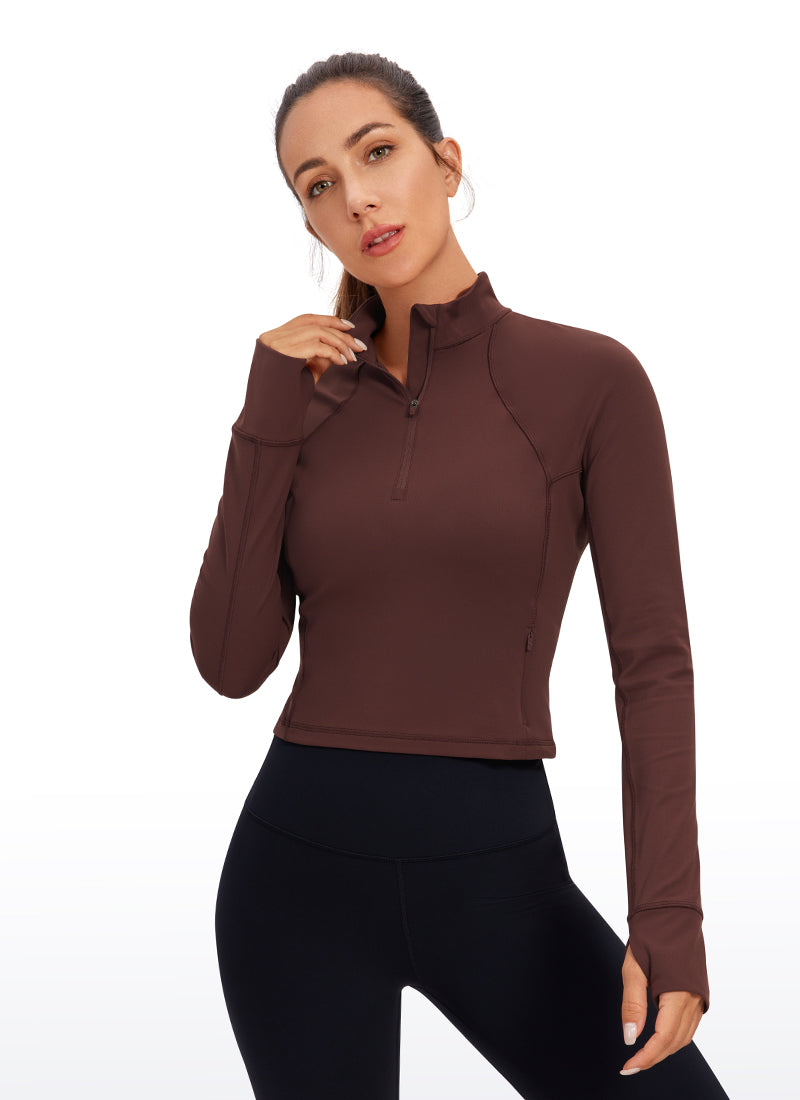 CRZ YOGA Pambabaeng Yoga Slim Fit Tops Butterluxe Mahabang Manggas na Taupe na may Half-Zip