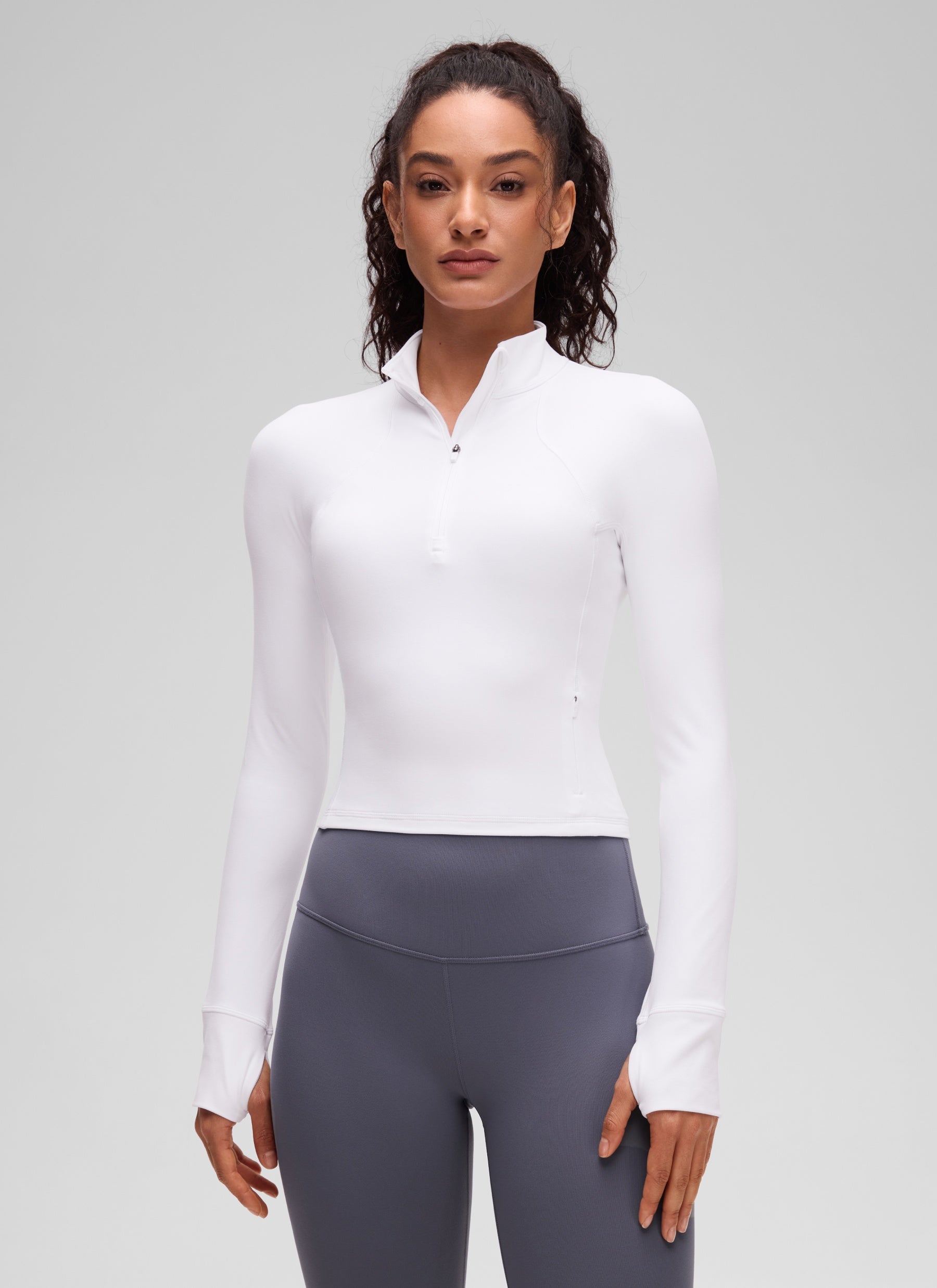CRZ YOGA Pambabaeng Yoga Slim Fit Tops Butterluxe Puting may Half-Zip na Mahabang Manggas
