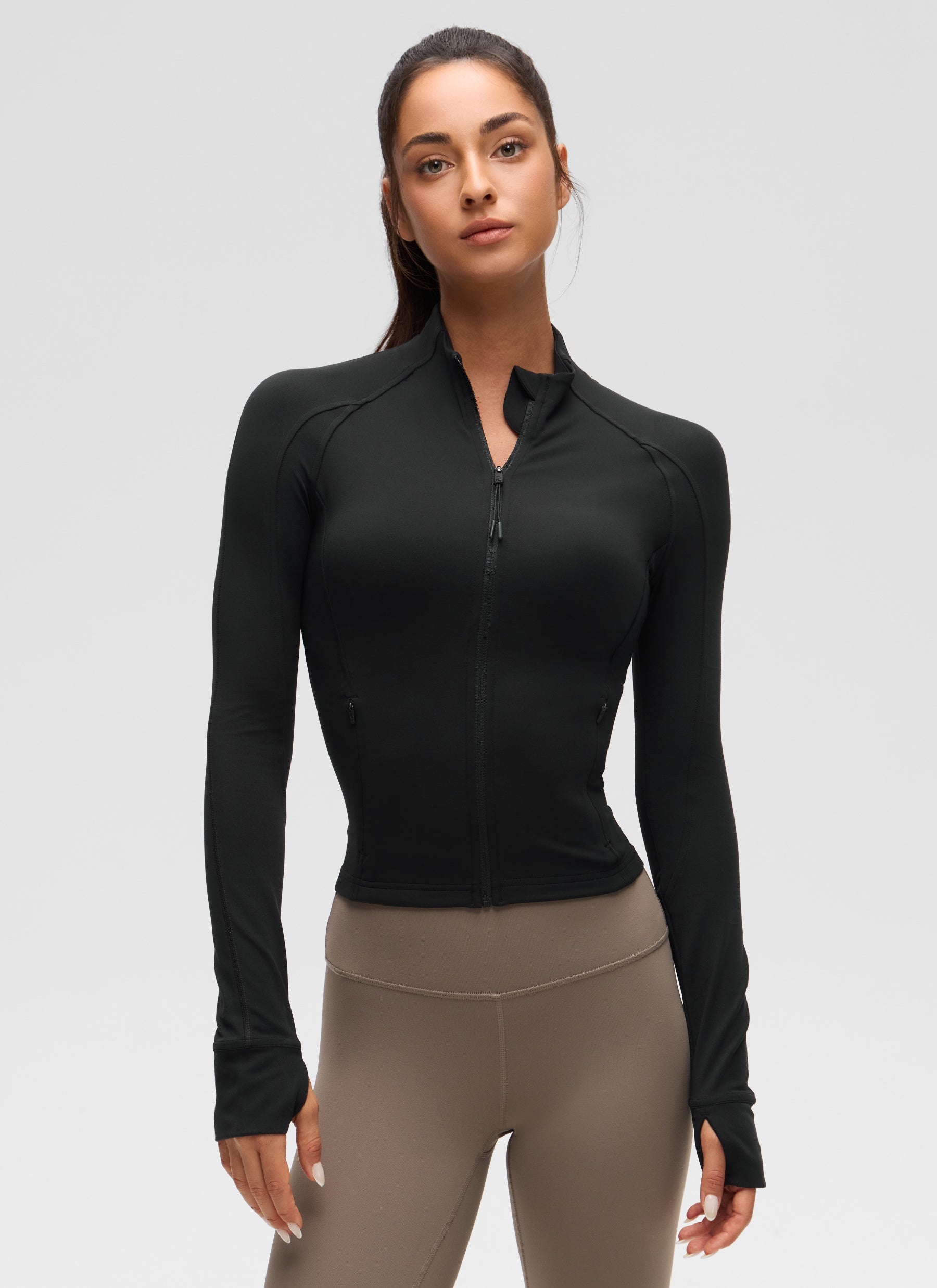 CRZ YOGA Pambabae Butterluxe Mga Jacket na Itim na may Buong Zip at Cropped Pocket na Panlabas