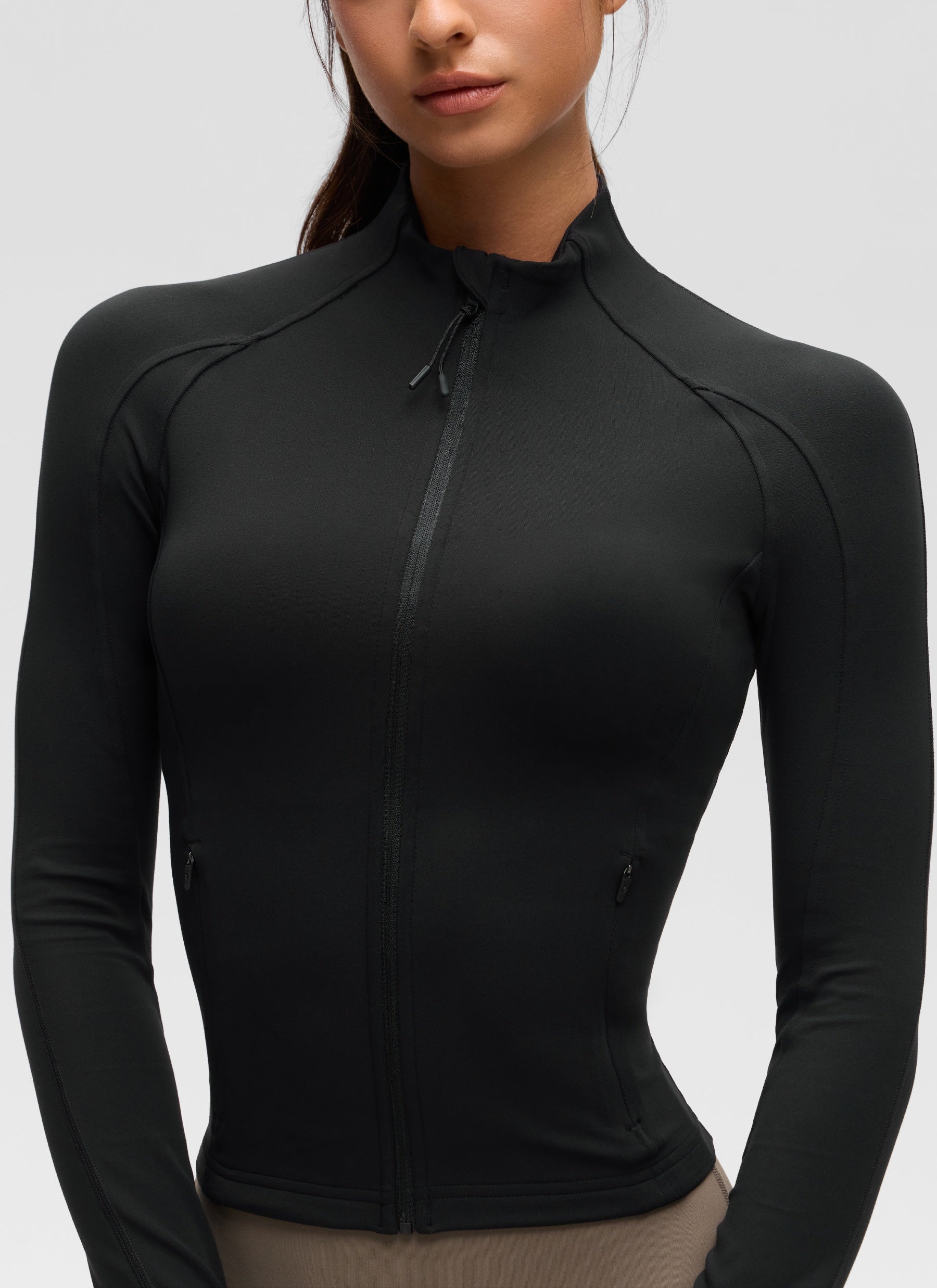 CRZ YOGA Pambabae Butterluxe Mga Jacket na Itim na may Buong Zip at Cropped Pocket na Panlabas
