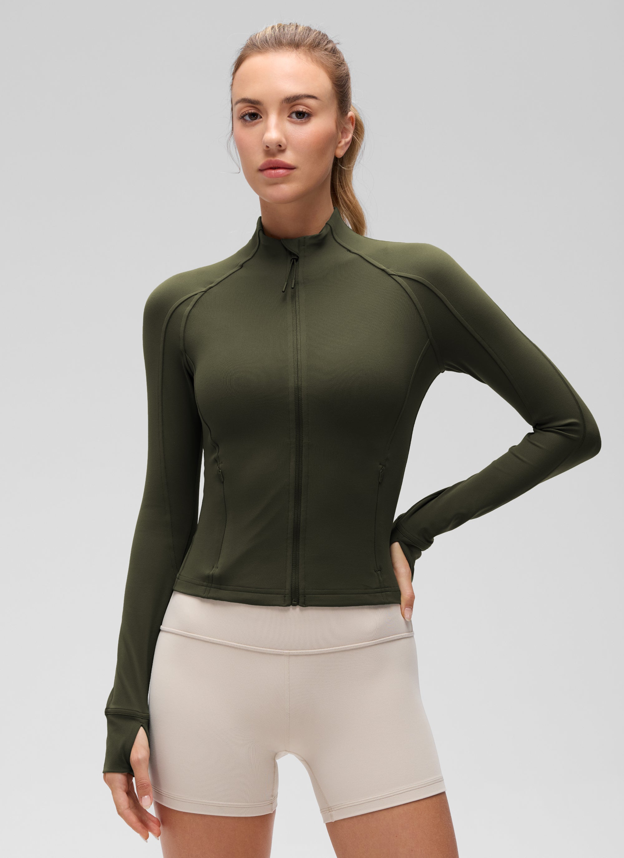 CRZ YOGA Pambabae Butterluxe Mga Panlabas na Damit na may Buong Zip na may Olive Green