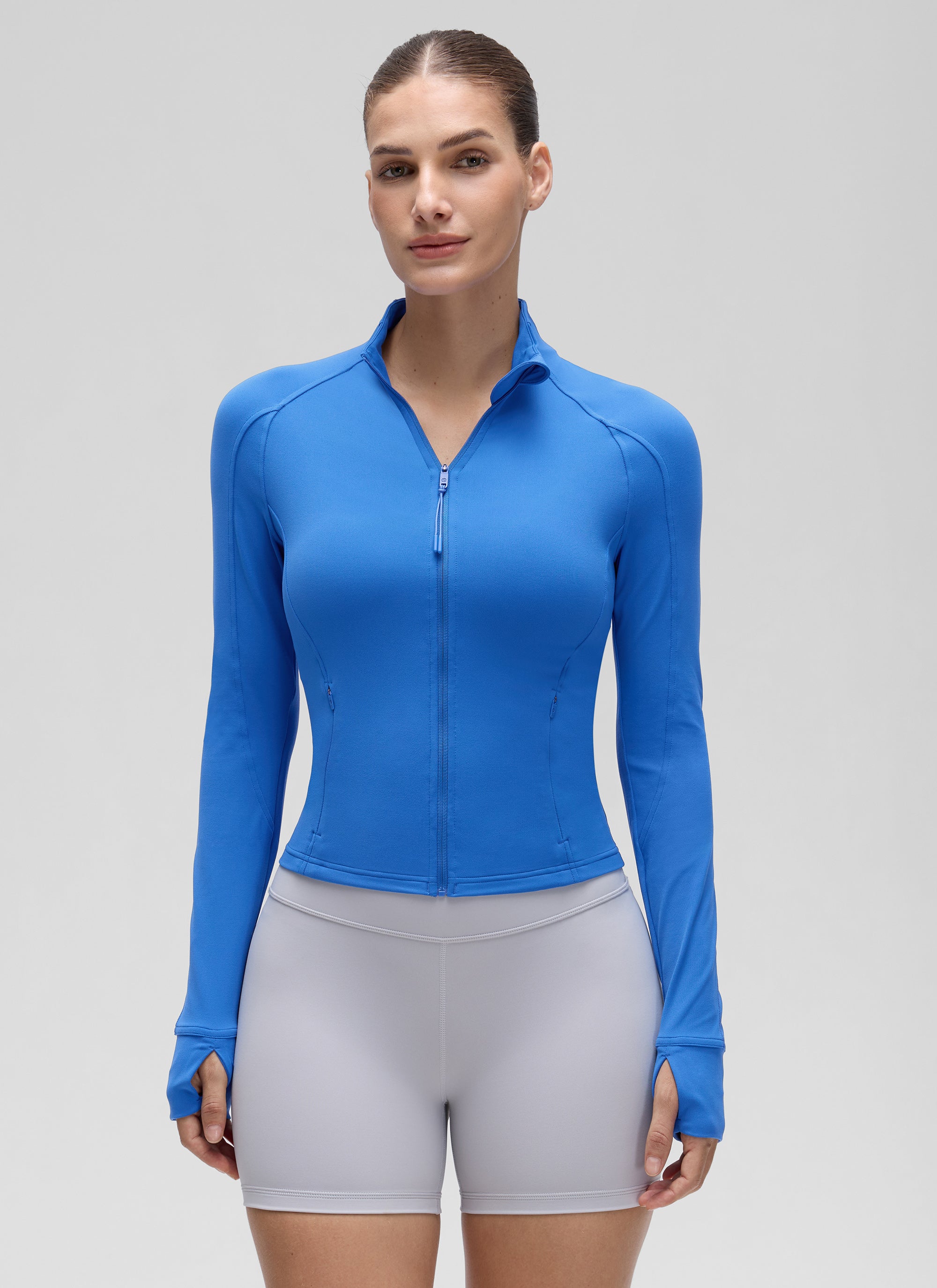CRZ YOGA Pambabae Butterluxe Mga Panlabas na Damit na May Buong Zip na May Crop Pocket at Kumikinang na Asul