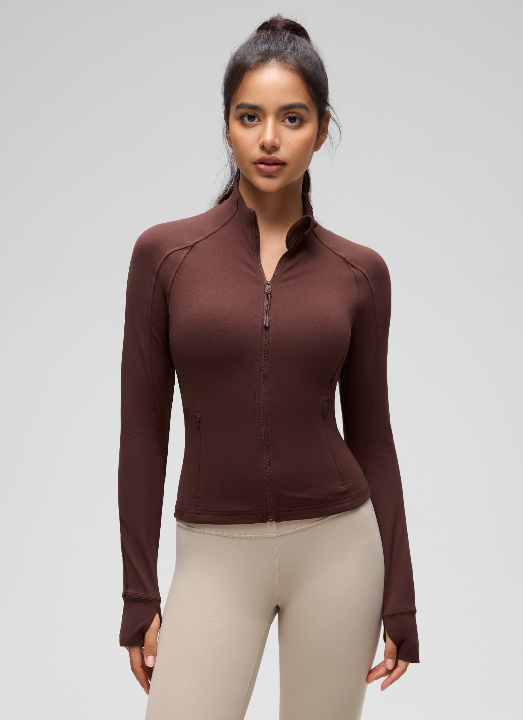 CRZ YOGA Pambabae Butterluxe Mga Panlabas na Damit na May Buong Zip na Kulay Taupe