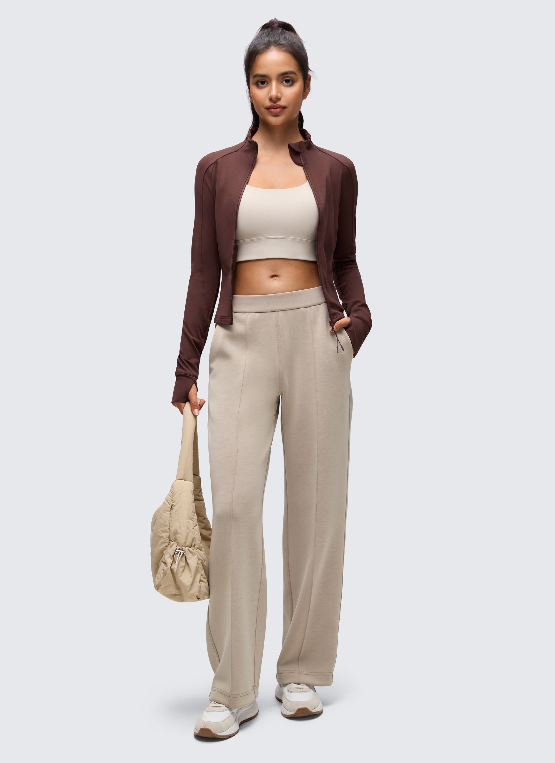 CRZ YOGA Pambabae Butterluxe Mga Panlabas na Damit na May Buong Zip na Kulay Taupe