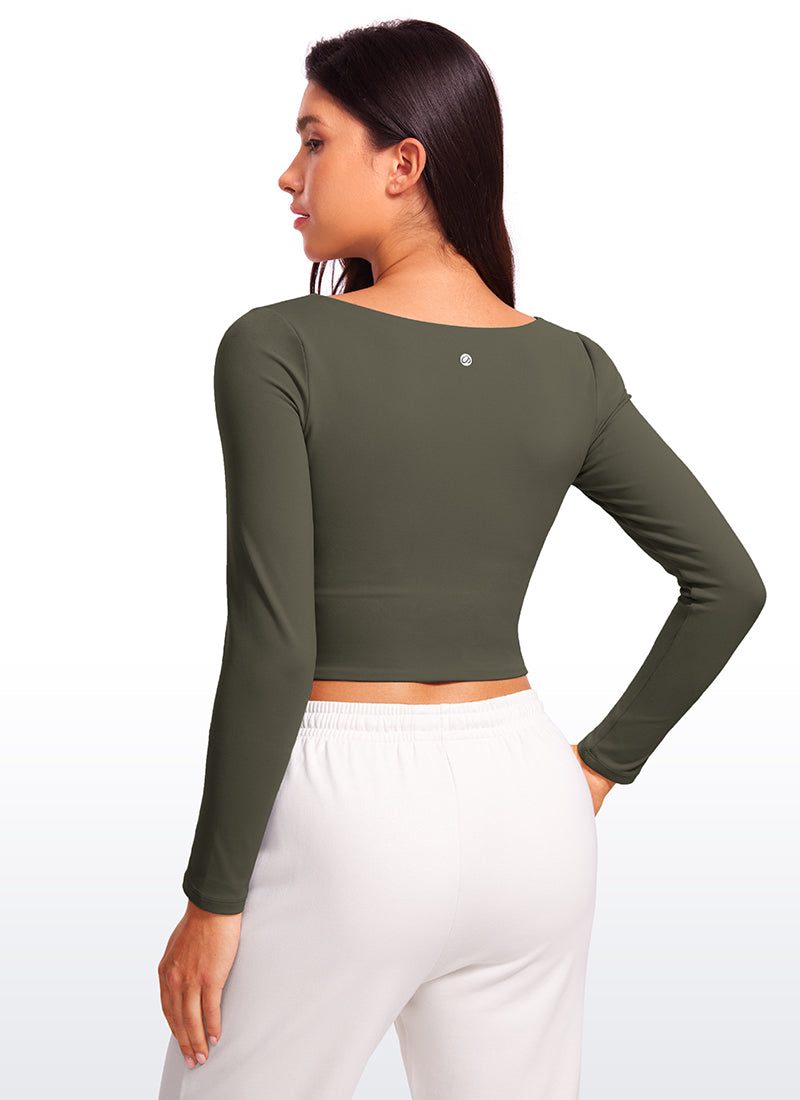 CRZ YOGA Women's Tight Fit Butterluxe Yoga Crop Long Sleeves Square Neck Light Army Green